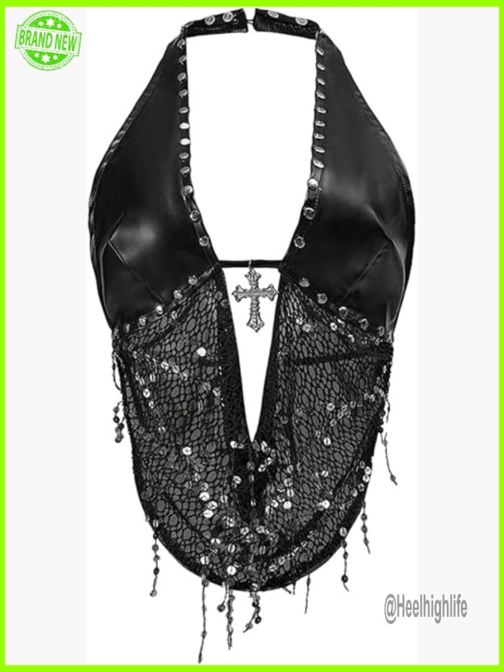 Halter Tie Back Sequin Studded Party Crop Top Grunge Y2K